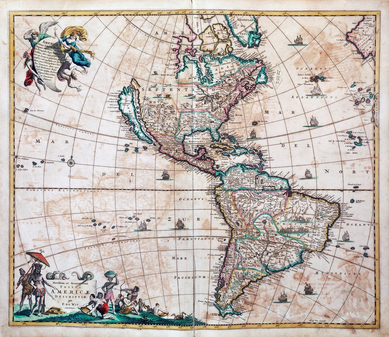 Den seneste og mest nøjagtige beskrivelse af Amerika, kort over Amerika og Stillehavet af Frederik de Wit (1629 eller 1630-1706), Amsterdam af Frederick de Wit