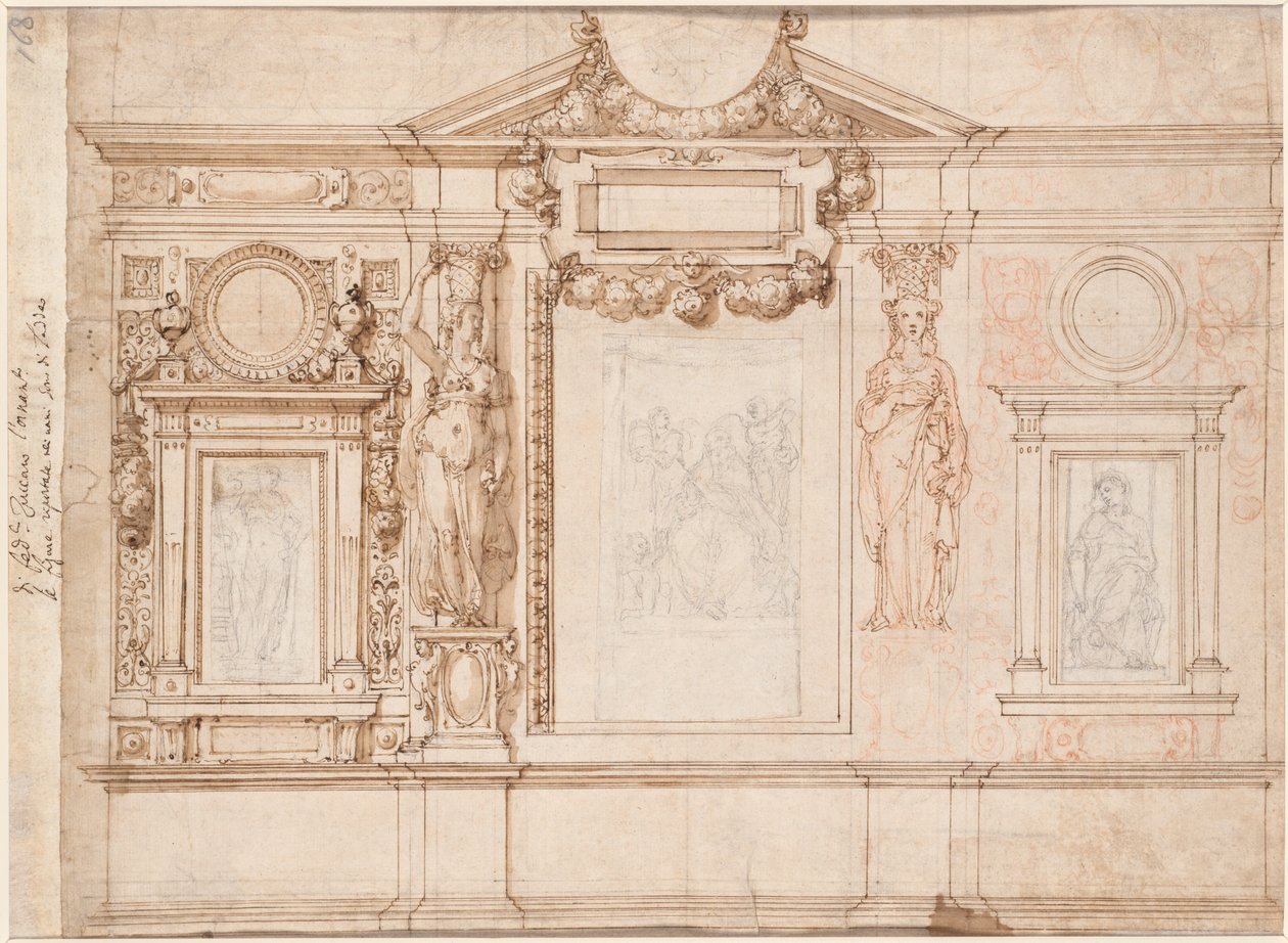 Design til en vægdekoration med indsatte skitser efter Raphael verso, ca. 1580