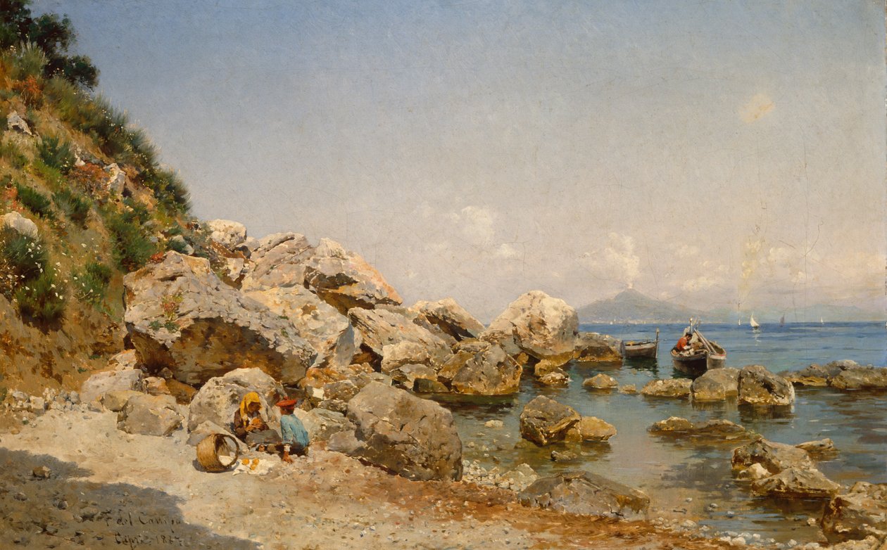 På stranden, Capri med Vesuv i baggrunden af Frederico del Campo