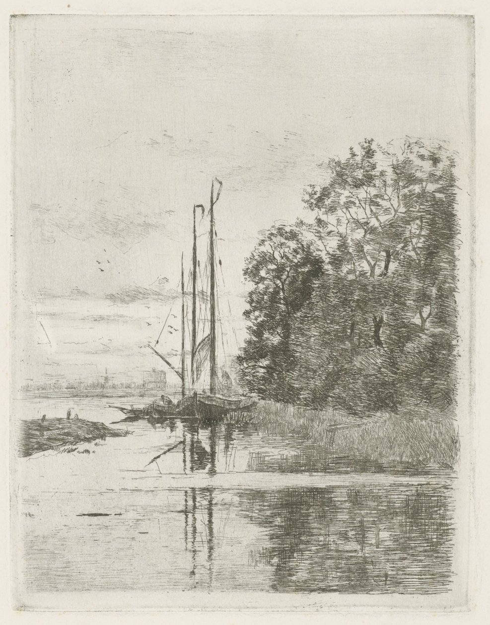 Flodudsigt med to skibe og en pram. af Fredericus Jacobus van Rossum du Chattel (signed by artist)