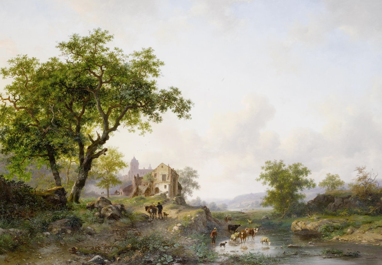 Sommerlandskab med kvæg nær en flod af Frederick Marianus Kruseman