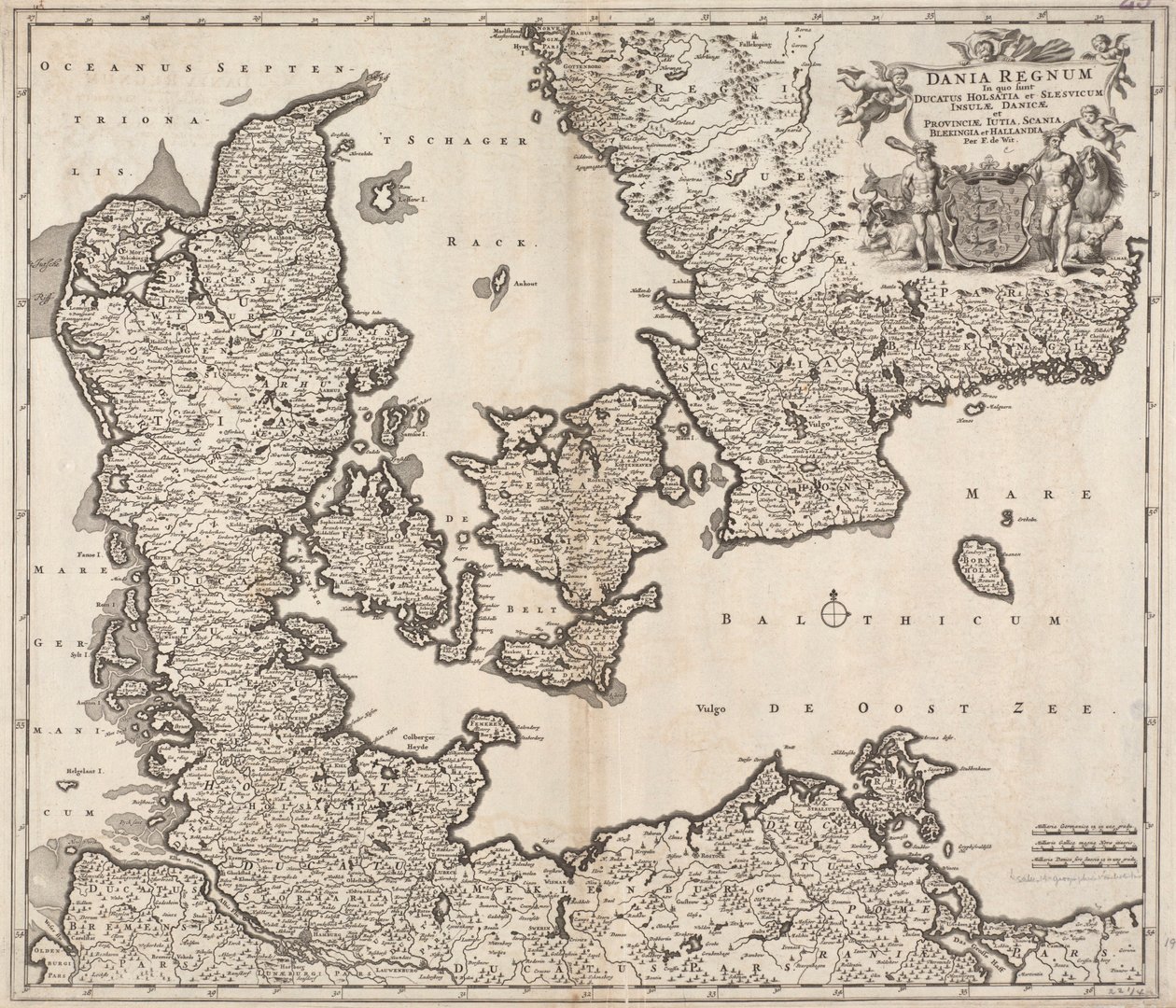 Danmark er det rige, hvor hertugdømmet Holsatien og Slesvicus på de danske øer og provinserne Jylland, Skåne, Blekingia og Hallandia af Frederick de Wit