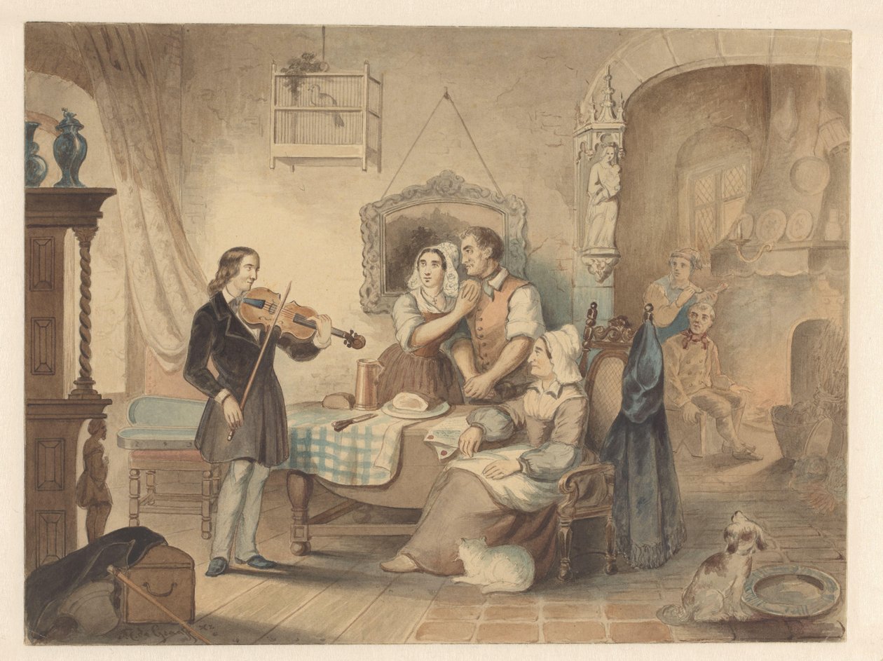 Charles Auguste de Bériot spiller violin for et selskab af Frederik Carel de Graaff (signed by artist)