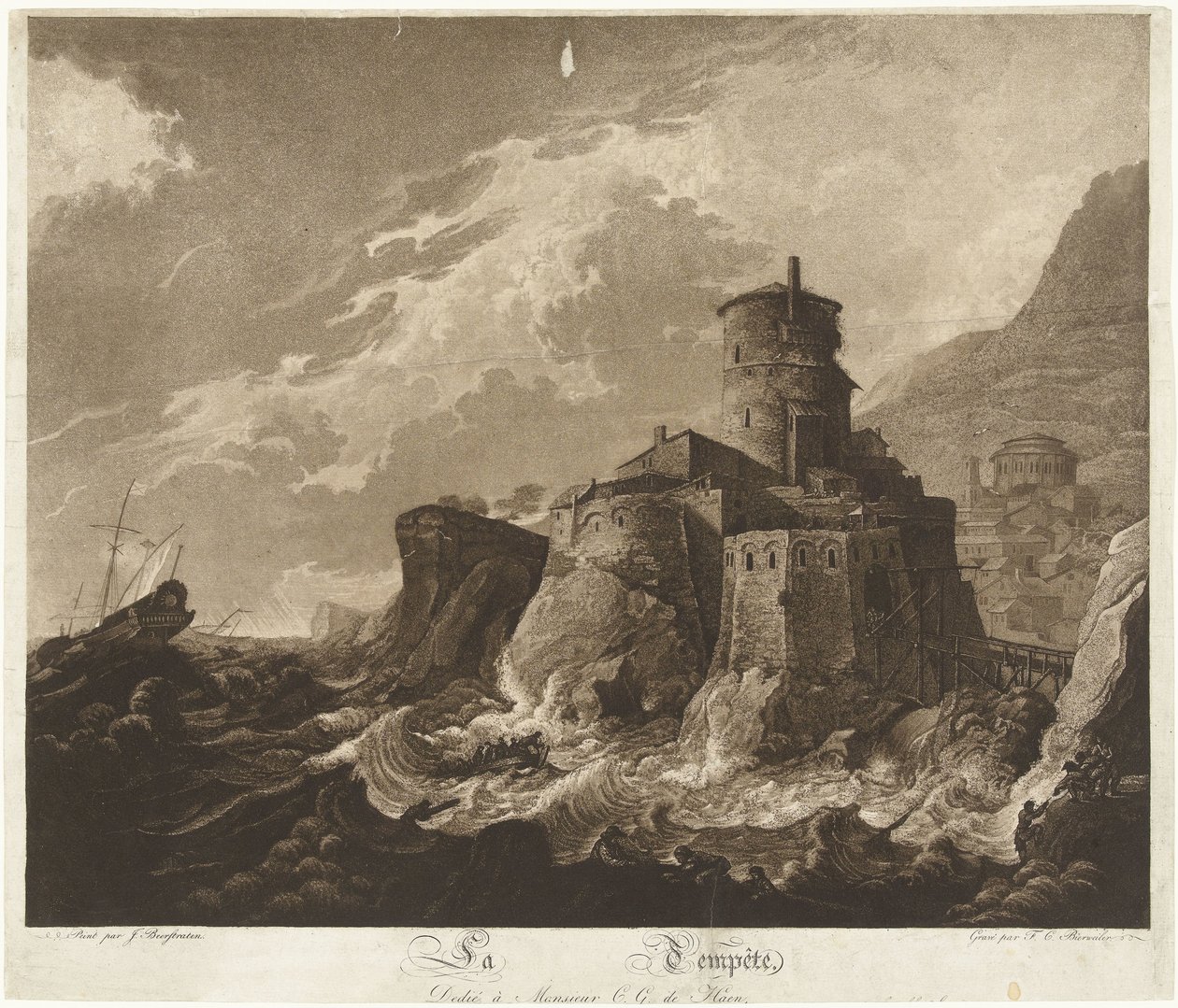 Slot på klippekysten og skibe i storm på havet La Tempête (titel på objekt) af Frederik Christiaan Bierweiler