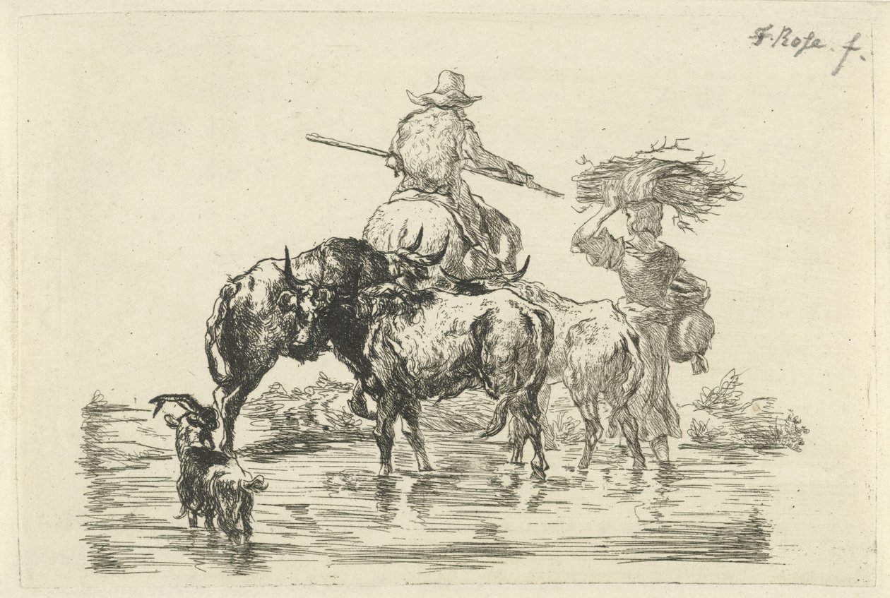 Hyrde og hyrdinde vader gennem et vandløb af Frederik Cornelis Rose