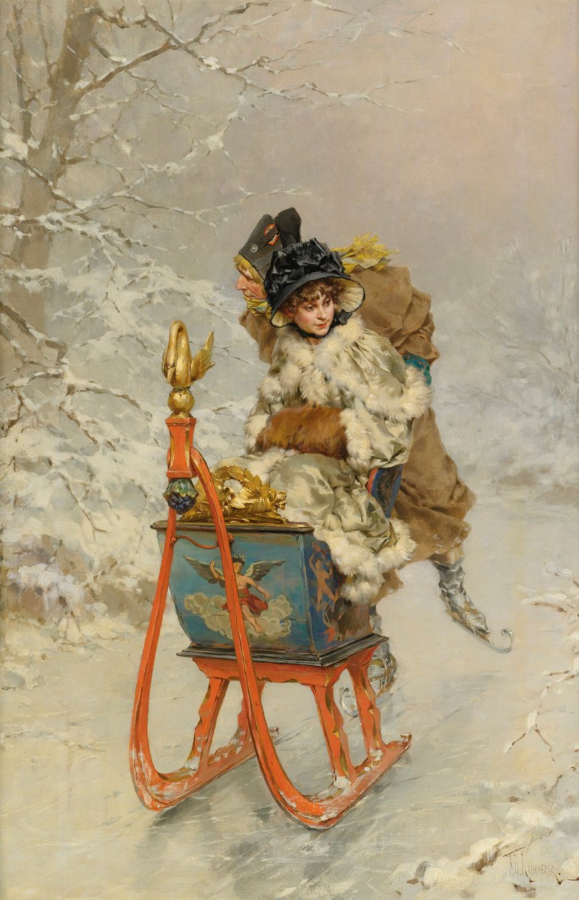 ""La promenade en luge"" (Slædeturen) Peinture de Frederik Hendrik Kaemmerer (1839-1902) - Olie på lærred, 59,9x40,1 - Privat samling af Frederik Hendrik Kaemmerer