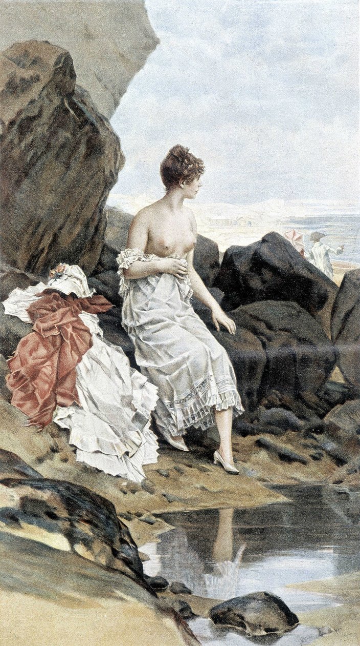 Kvinde ved havet bader i skjul - allegori om sommeren, kalender illustreret af Hubert Dys, malet af F.H. Kaemmerer af Frederik Hendrik Kaemmerer