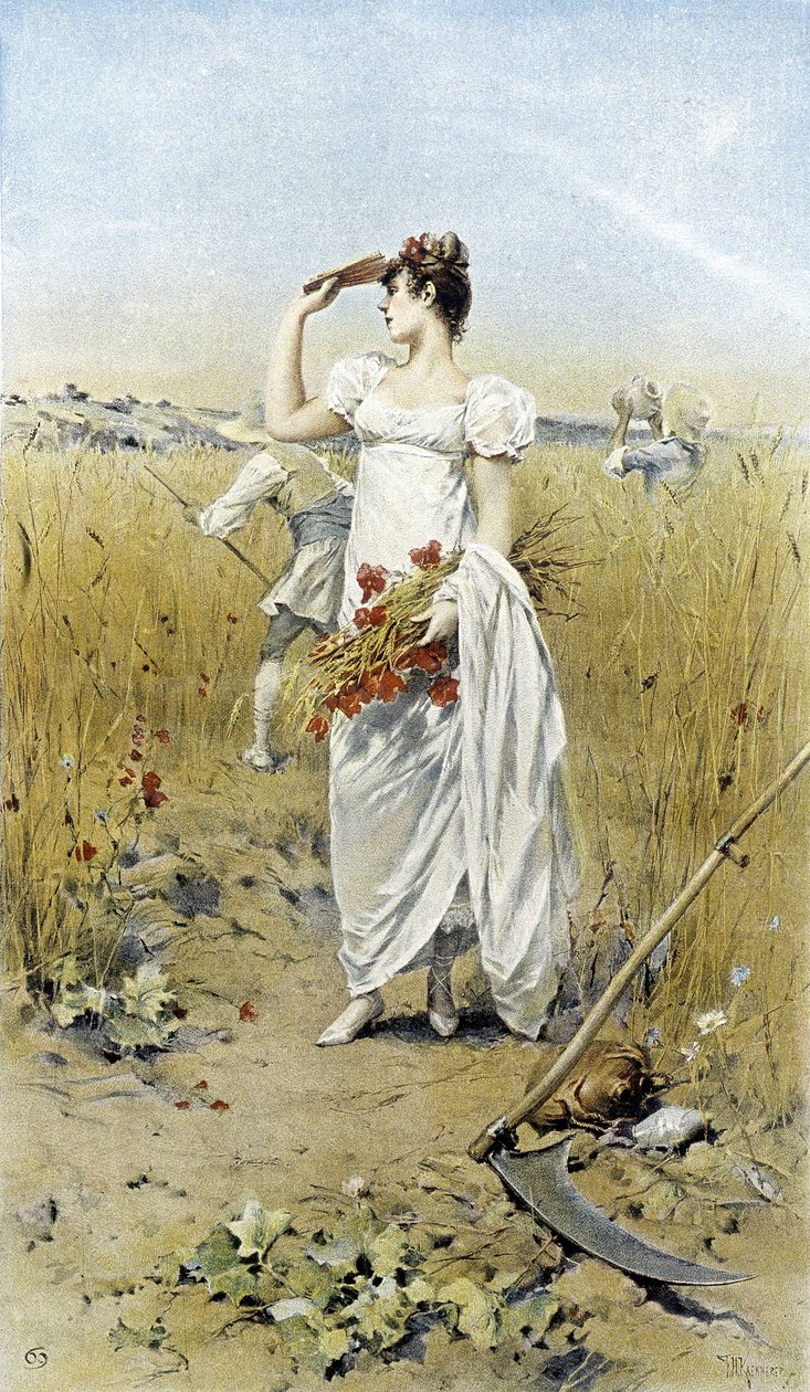 Kvinde med hvede og valmuer - sensommer allegori, kalender illustreret af Hubert Dys, malet af F.H. Kaemmerer af Frederik Hendrik Kaemmerer