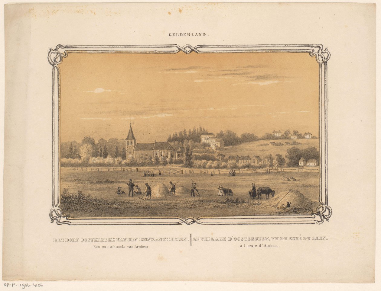 Udsigt over Oosterbeek med figurer, der laver hø Landsbyen Oosterbeek kan ses fra Rijnkant. En time væk fra Arnhem. (titel på objekt) Gelderland (serietitel på objekt) af Frederik Lodewijk Huygens
