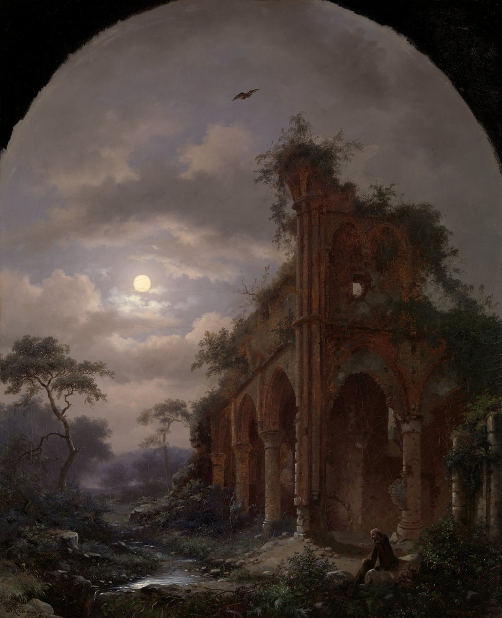 Munk mediterer nær en ruin ved måneskin Mediterende munk ved en ruin om natten af Frederik Marinus Kruseman (signed by artist)