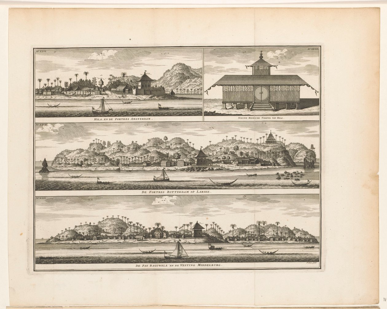 Tre fæstninger på Ambon Hila, og fæstningerne Amsterdam / Hila Nye mauriske tempel / Forterne Rotterdam på Larike / De Pas Baguwala og Vesting Middelburg (titel på objekt) af Frederik Ottens