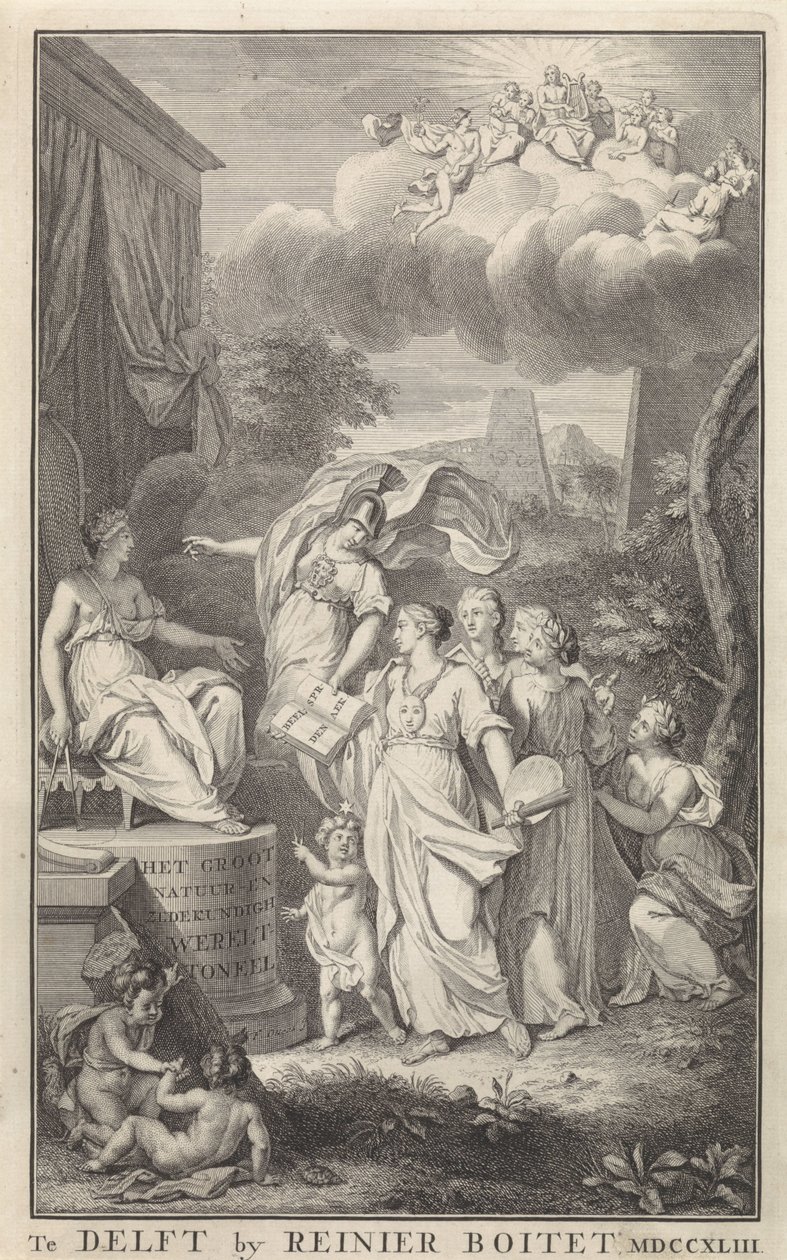 Minerva and the Arts for en tronende figur Titelside for: The Groot Natuur- en Zedekundigh Wereldtoneel, Delft, R. Boitet, 1743 af Frederik Ottens