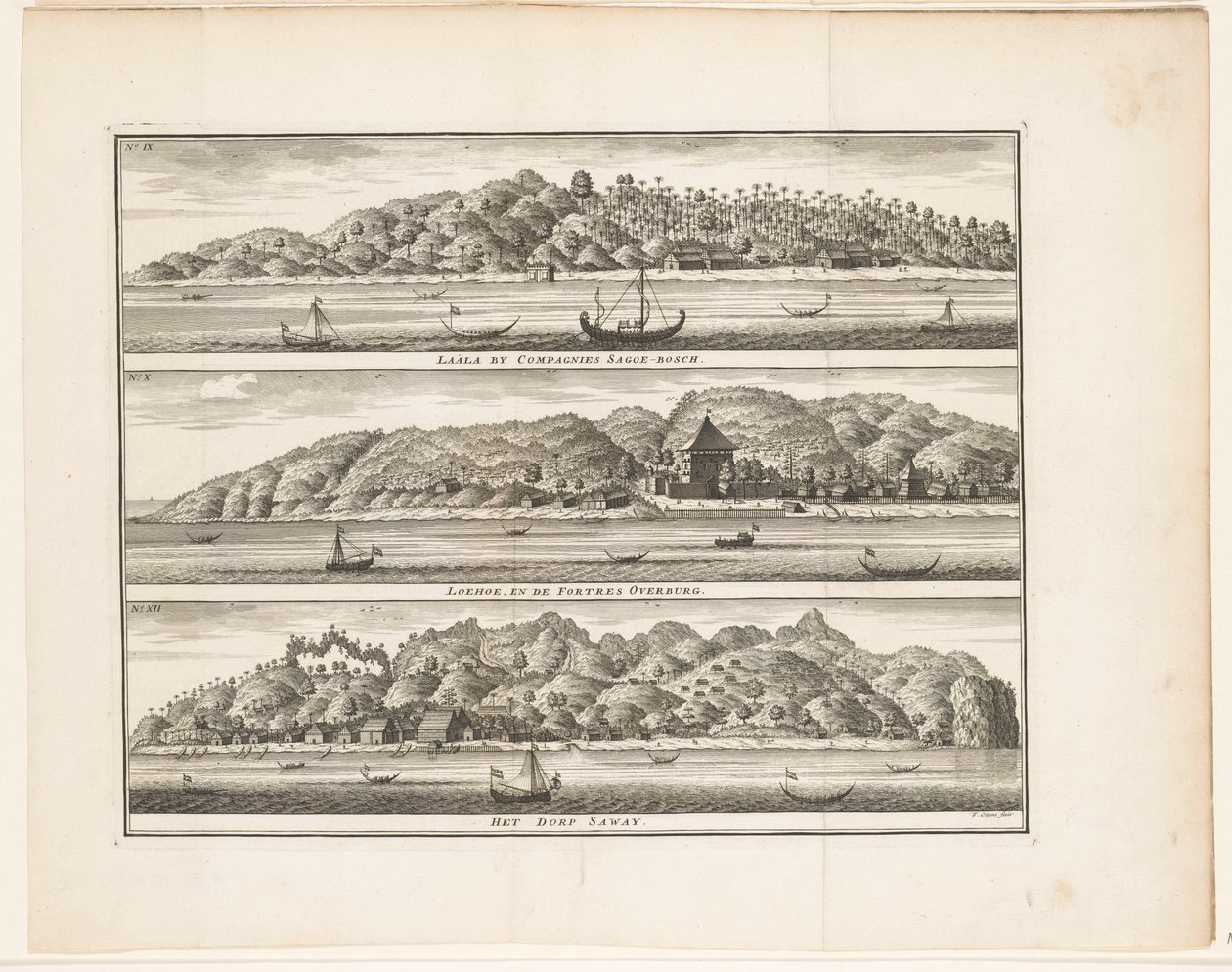Flere VOC-forstærkninger på Ceram Laäla af Compagnies Sagoe-bosch / Loehoe, and the Fortres Overburg / Landsbyen Saway (titel på objektet) af Frederik Ottens