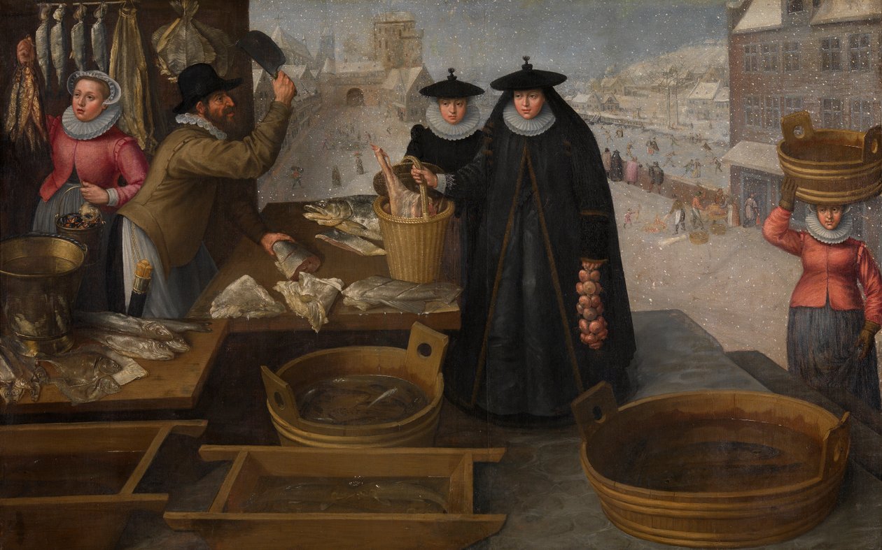 Fiskemarked (olie på lærred) af Frederik Valckenborch