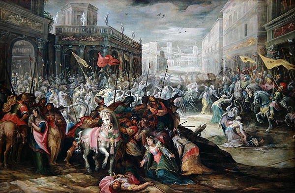 Forsoningen mellem romerne og sabinerne (olie på lærred) af Frederik Valckenborch