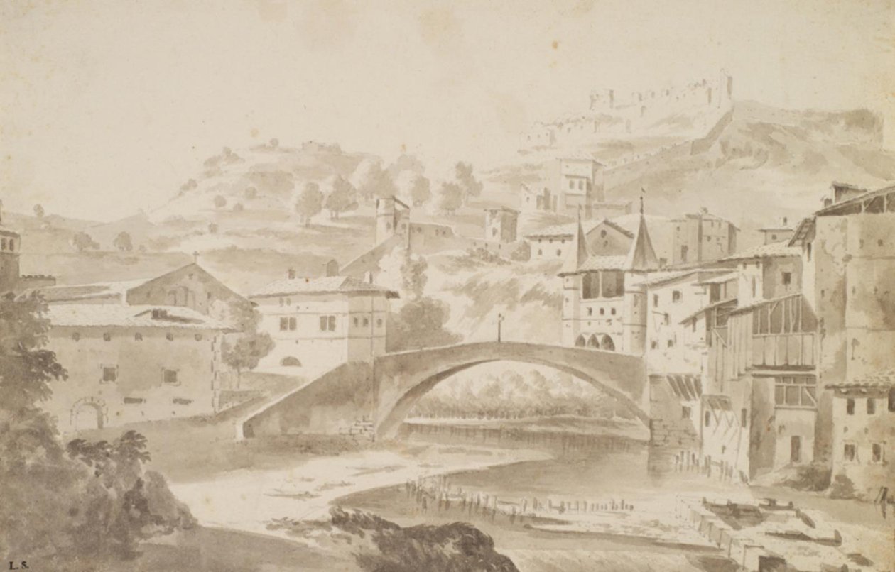 Wien, nær Lyon. Pont Saint-Martin over floden Gére. TV. Priory of Saint-Martin, t.h. Porte de la Rochette og slottet Pipet af Frederik de Moucheron