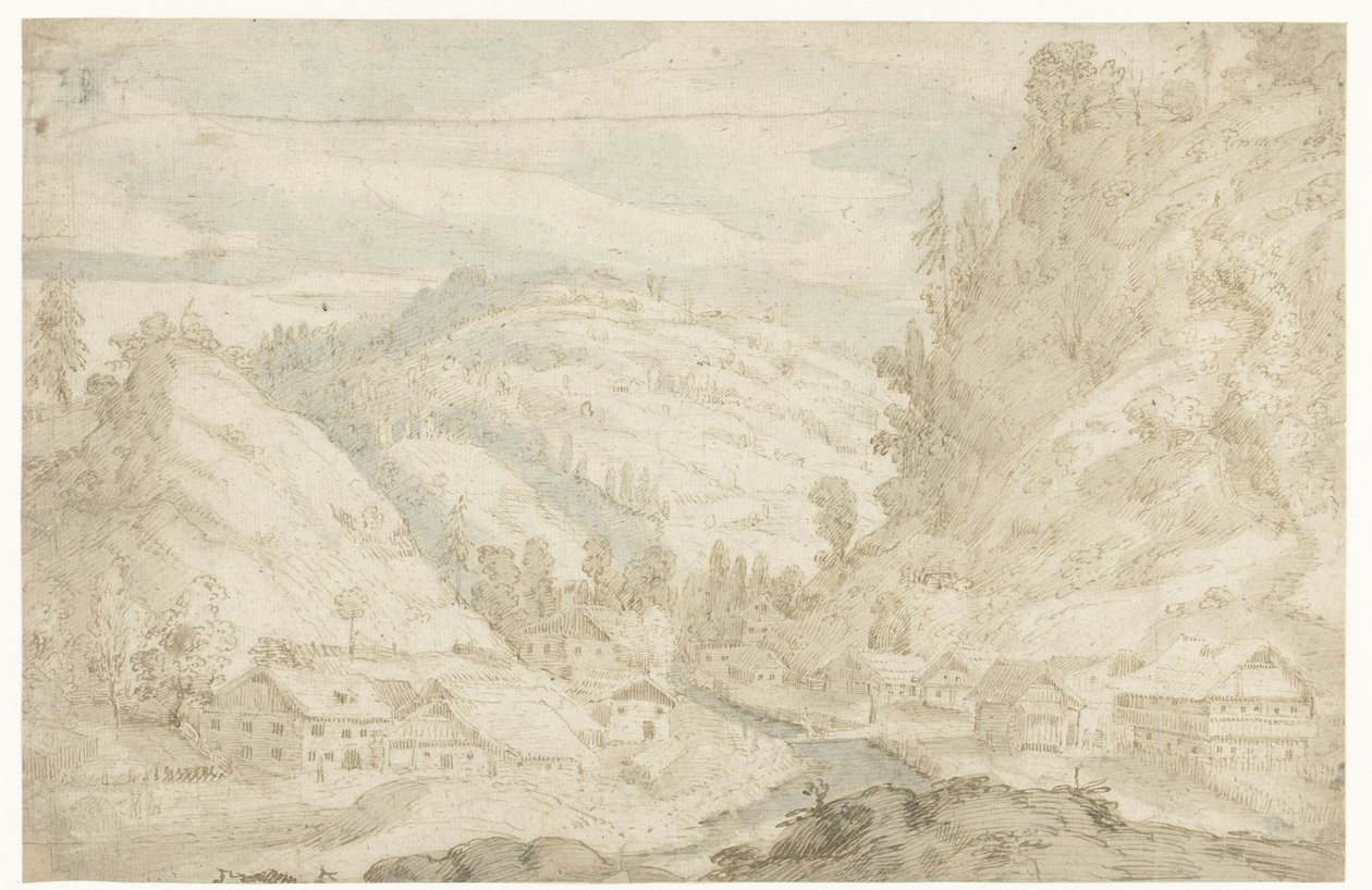 Udsigt over en dal med en landsby og en bjergstrøm Skitsebog (serietitel) af Frederik van Valckenborch