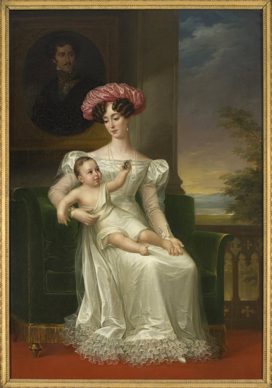 Josephine af Leuchtenberg, dronning af Sverige og Norge (med sin søn Karl XV i armene, siddende foran et portræt af kong Oscar I) - Portræt af Josephine af Leuchtenberg (1807-1876), dronning af Sverige og Norge, af Westin , Fredric (1782-1862). Olie på c af Fredric Westin