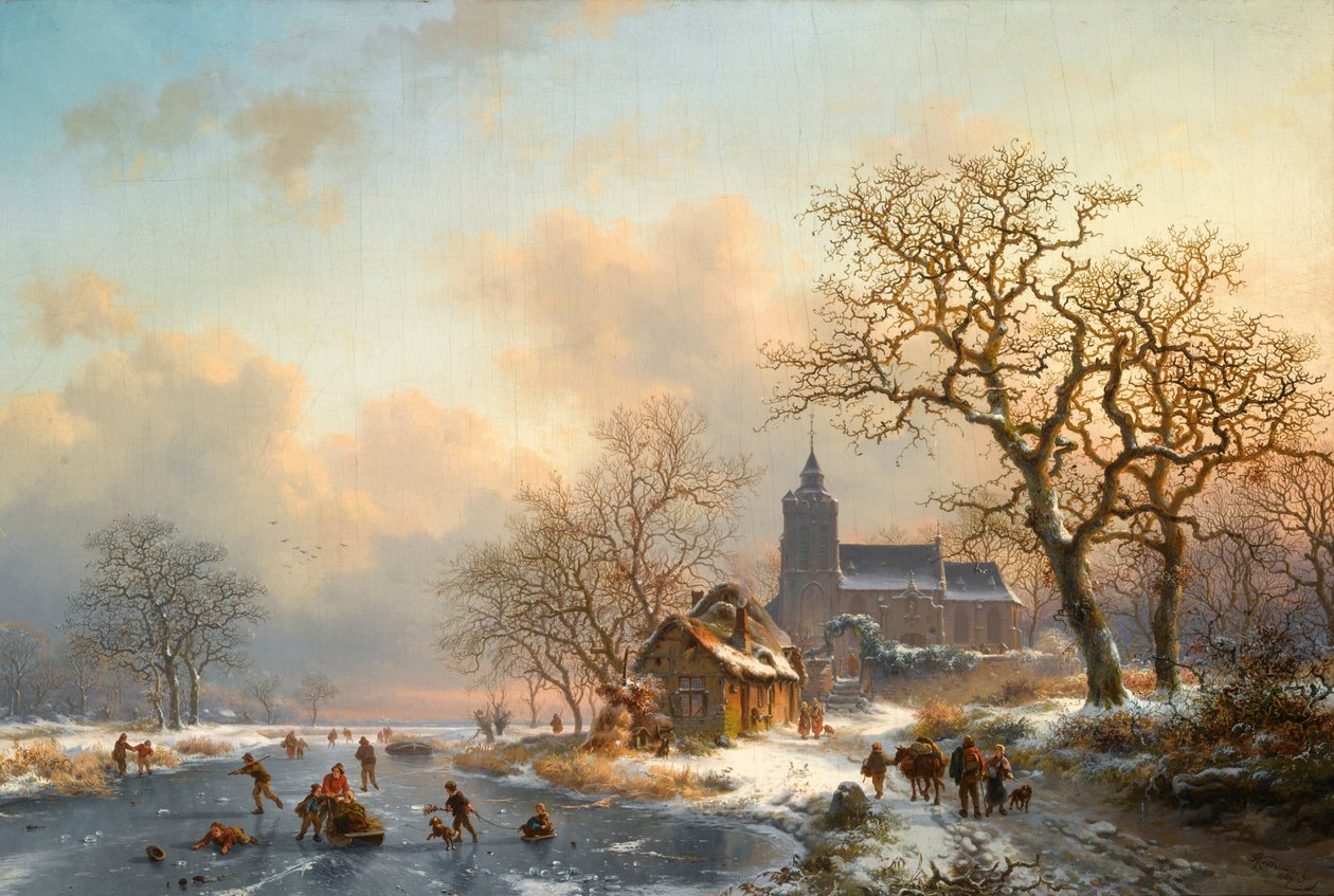Et vinterlandskab med skatere på en frossen flod af Fredrik Marinus Kruseman