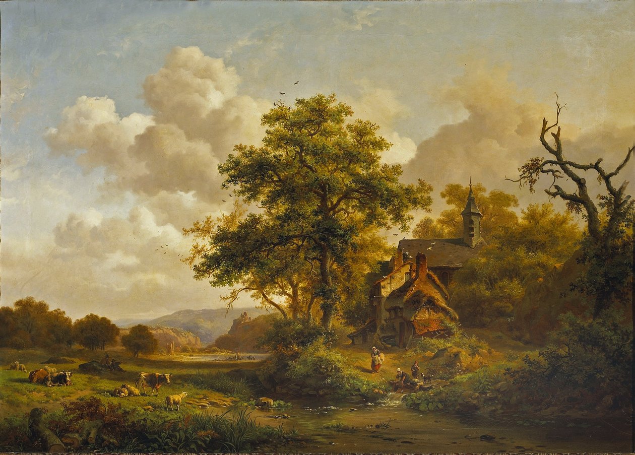 Et roligt landskab med kvinder, der vasker sig ved et vandløb, og kvæg og får, der hviler sig. af Fredrik Marinus Kruseman