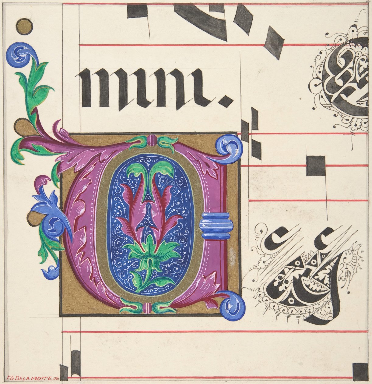 Oplyst initial fra salmebog, 1830-62. af Freeman Gage Delamotte