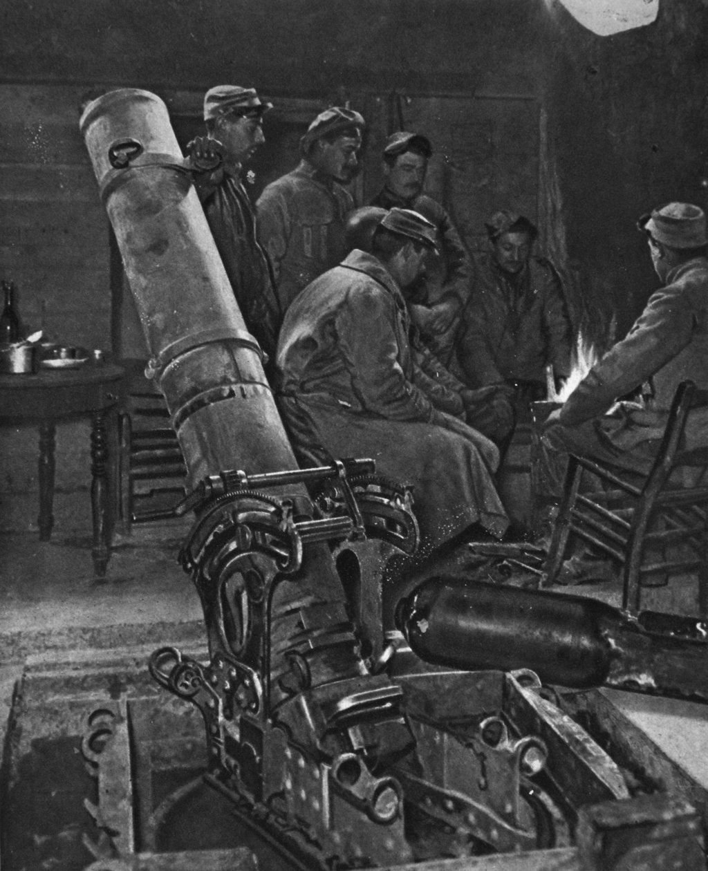 En fransk skyttegravsmørtel i sin vinterhule, illustration fra The Illustrated War News, 7. marts 1917 af French Photographer