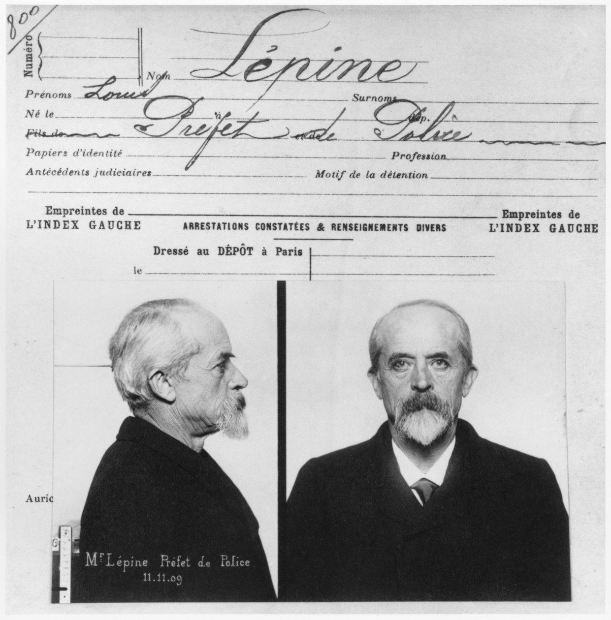 Antropometrisk politijournal over Louis Jean-Baptiste Lepine, Prefet de police, 11. november 1909 af French Photographer