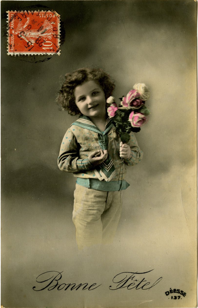 Bonne Fete-kort, 1907 (farvetonet foto) af French Photographer