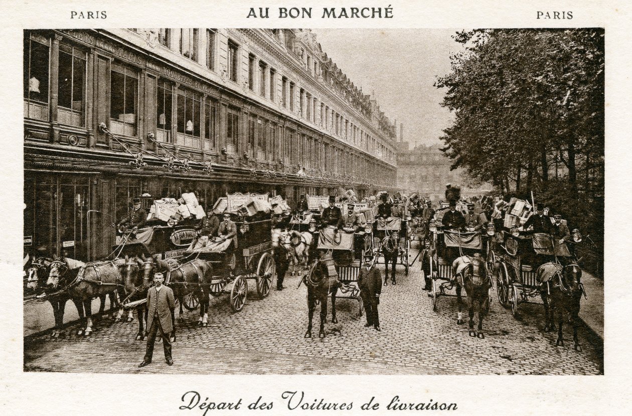 Afgang af leveringsvogne fra Bon Marché-varehusene, Paris, ca. 1890 af French Photographer