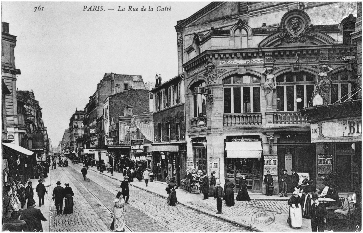 Postkort forestillende Rue de la Gaite, Paris, før 1914 af French Photographer