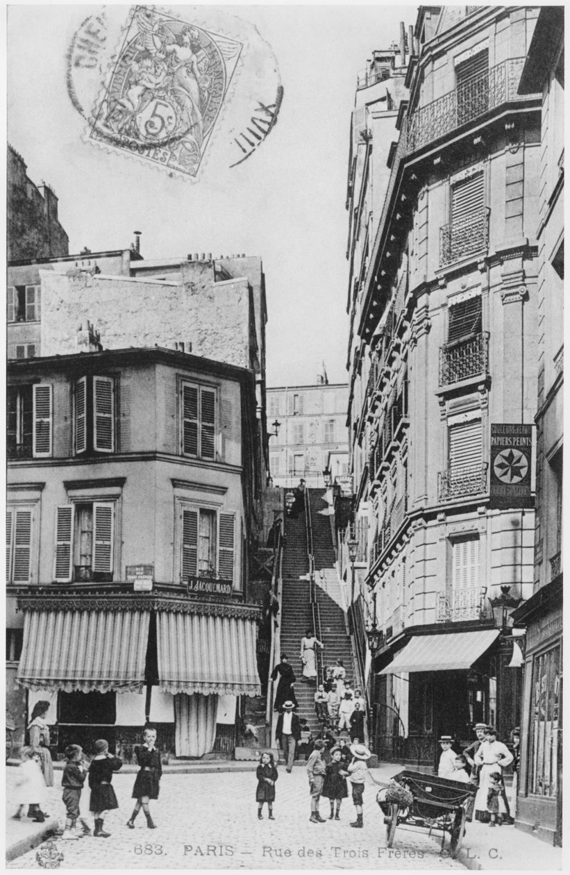 Postkort forestillende Rue des Trois Freres i Paris, ca. 1900 af French Photographer