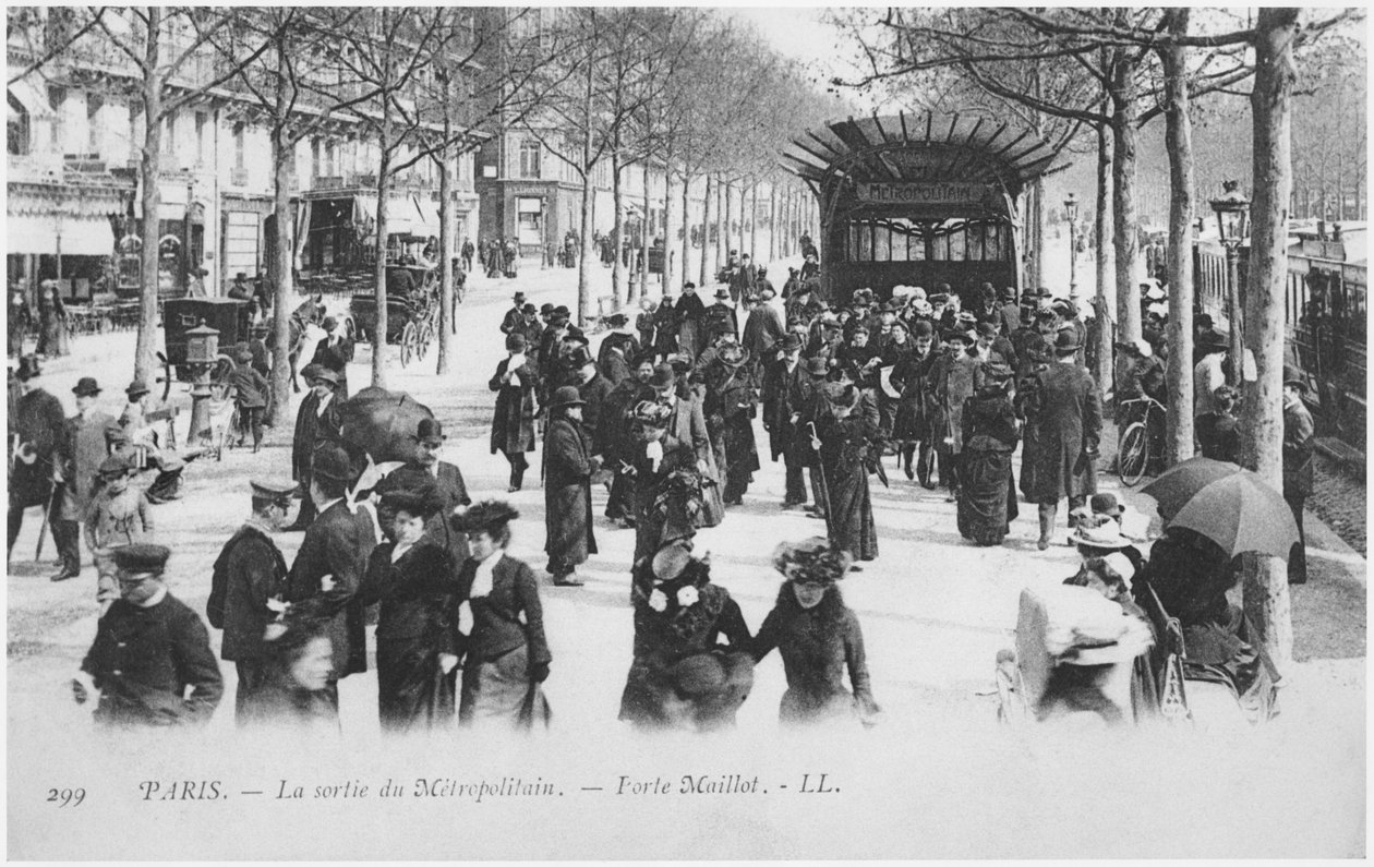 Postkort, der viser Metropolitan-stationens udgang, Porte Maillot, Paris, designet af Hector Guimard (1867-1942) ca. 1905 af French Photographer