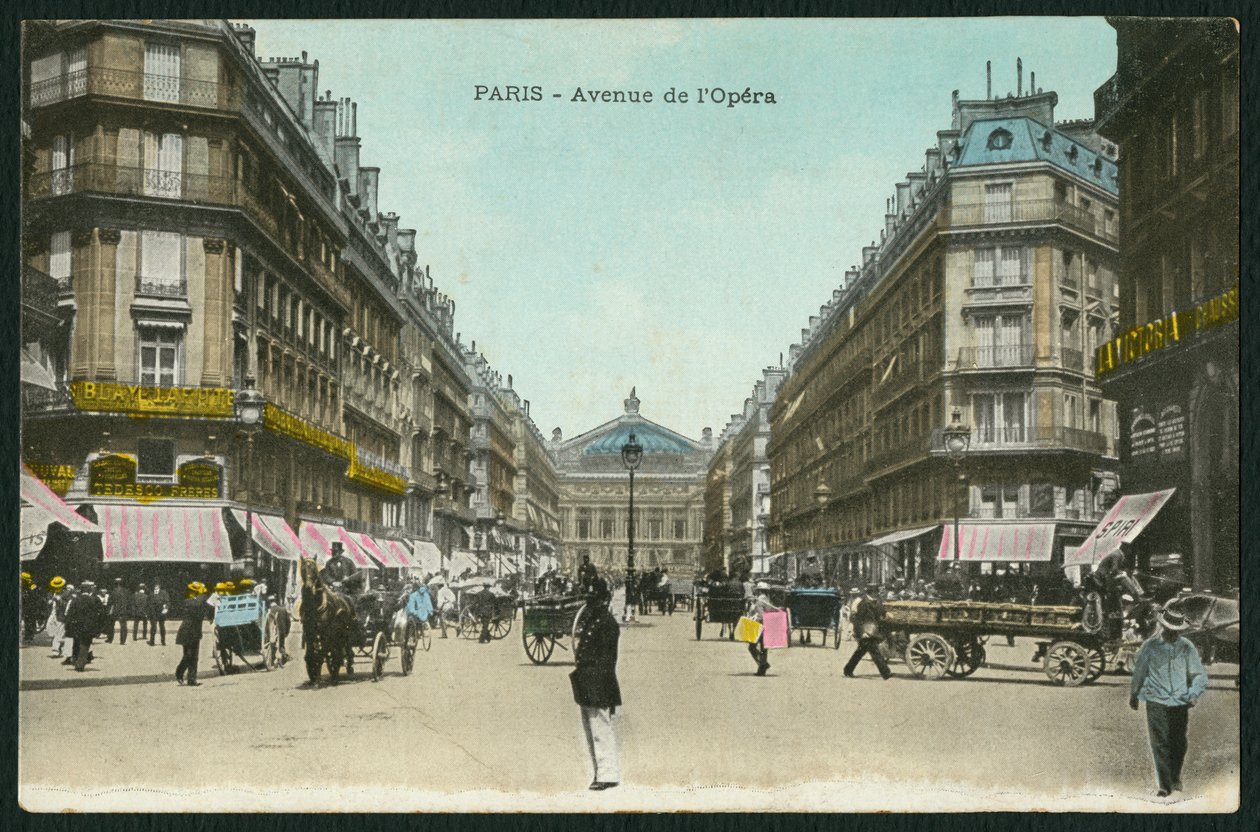 Postkort, der forestiller Opera Avenue i Paris, ca. 1900 (farvet bw-foto) af French Photographer