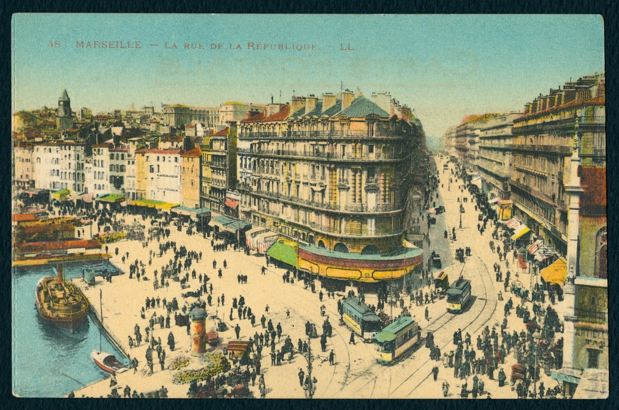 Postkort, der forestiller Rue de la Republique i Marseille, Frankrig, ca. 1920 (farvet bw-foto) af French Photographer