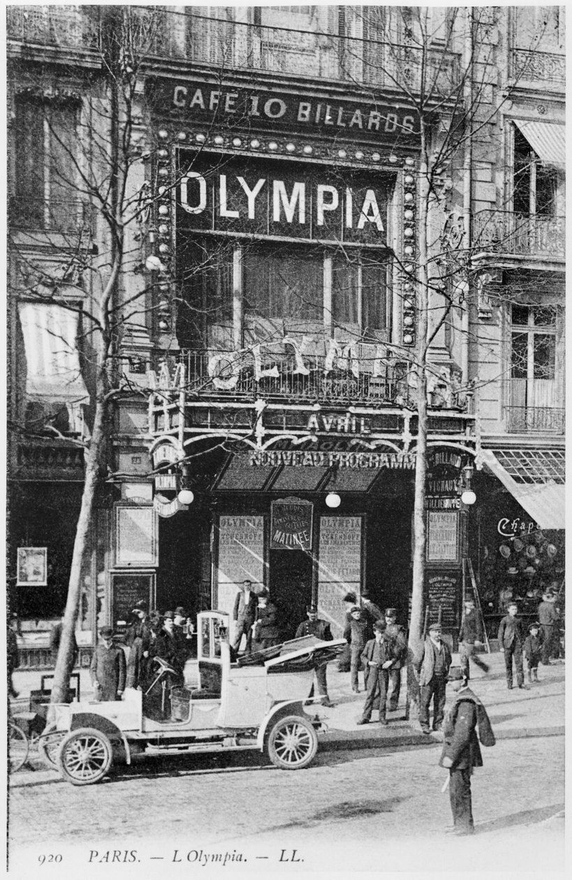Postkort, der viser musiksalen Olympia, 28 Boulevard des Capucines, Paris, begyndelsen af det 20. århundrede af French Photographer