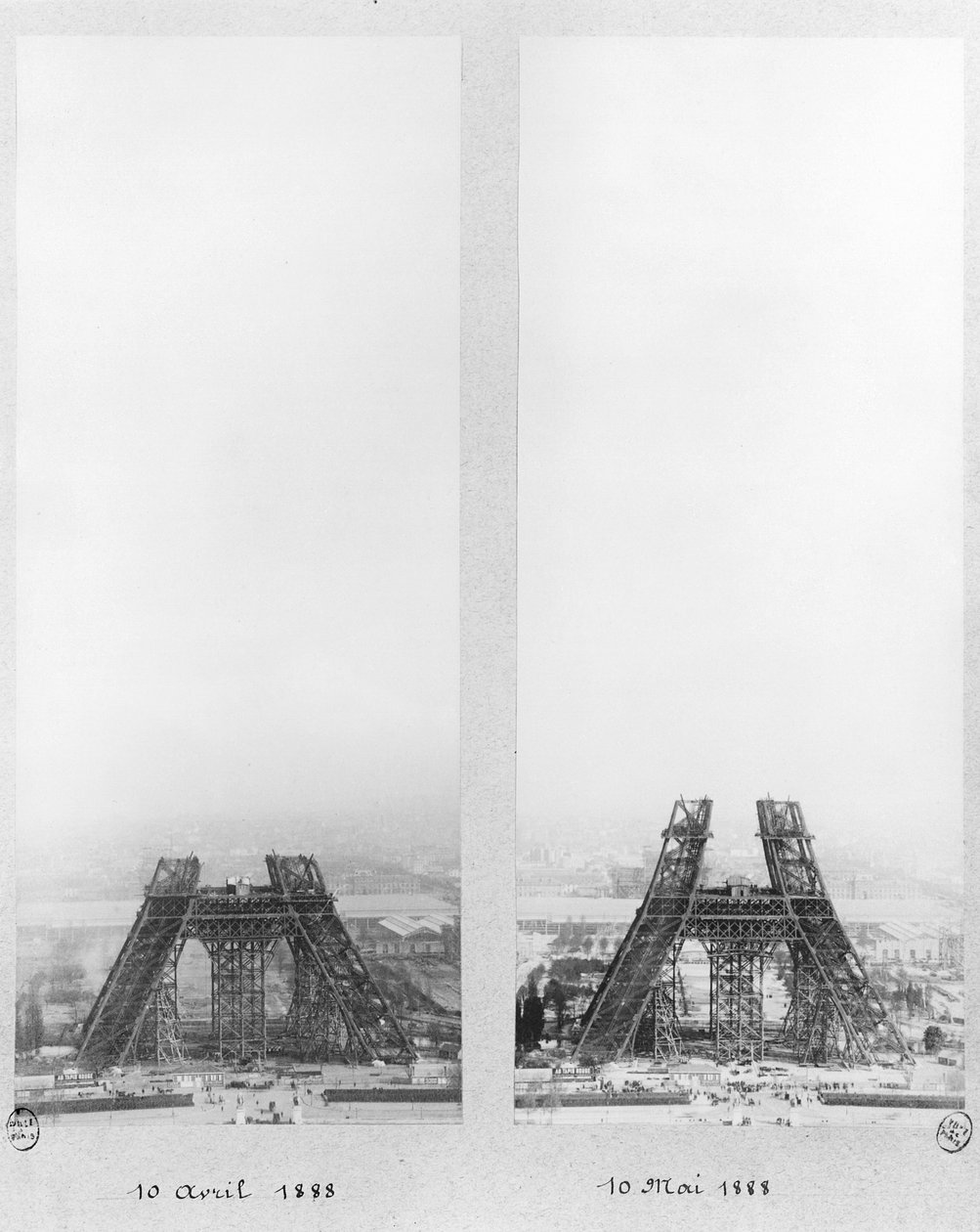 To visninger af konstruktionen af Eiffeltårnet, Paris, 10. april og 10. maj 1888 af French Photographer