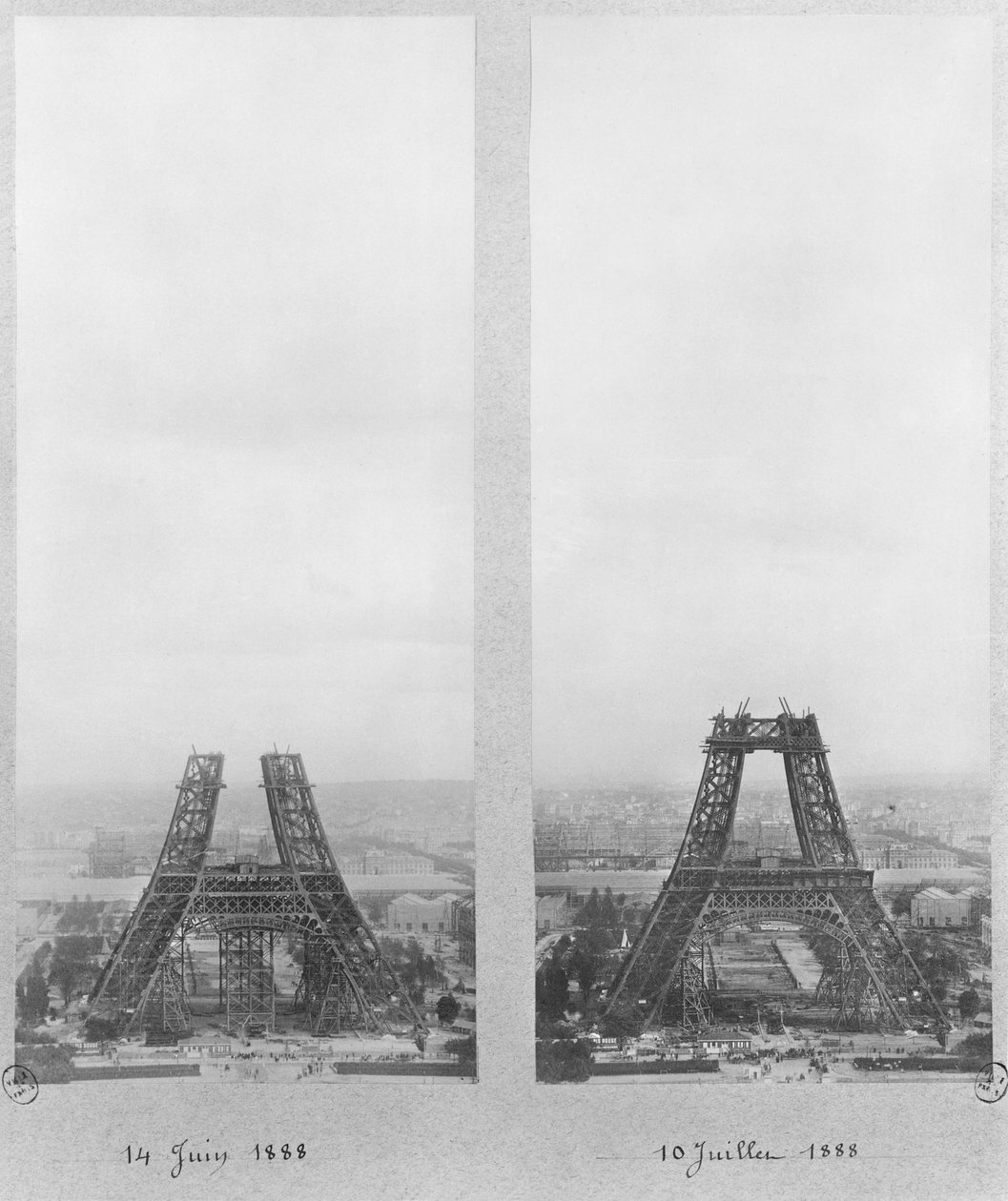 To syn af opførelsen af Eiffeltårnet, Paris, 14. juni og 10. juli 1888 af French Photographer