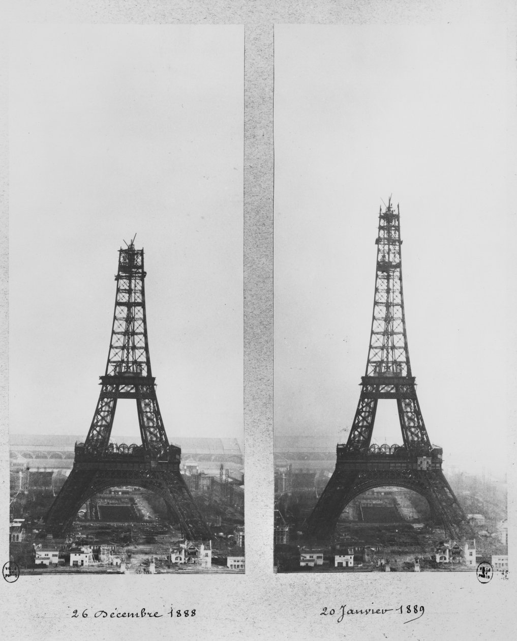 To visninger af konstruktionen af Eiffeltårnet, Paris, 26. december 1888 og 20. januar 1889 af French Photographer