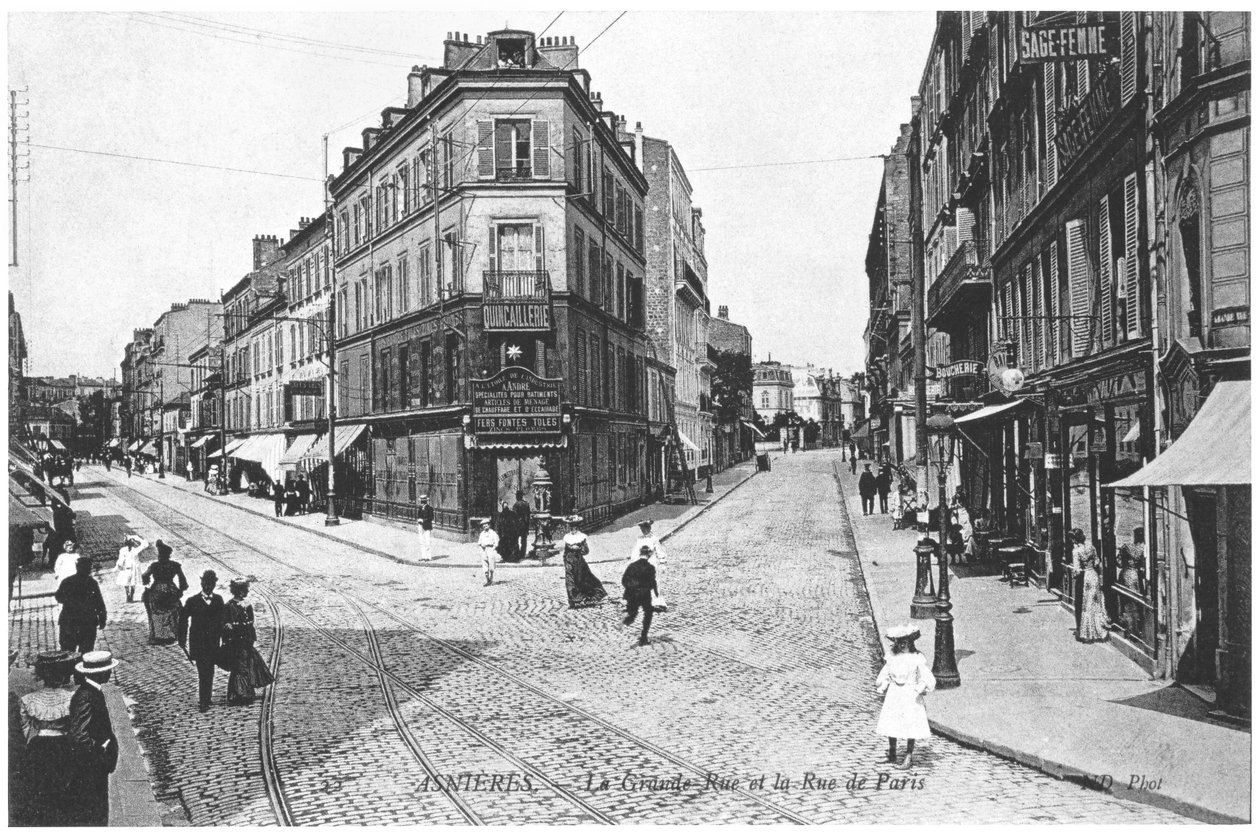 Udsigt over Asnieres, Grande Rue og Rue de Paris, ca. 1900 af French Photographer