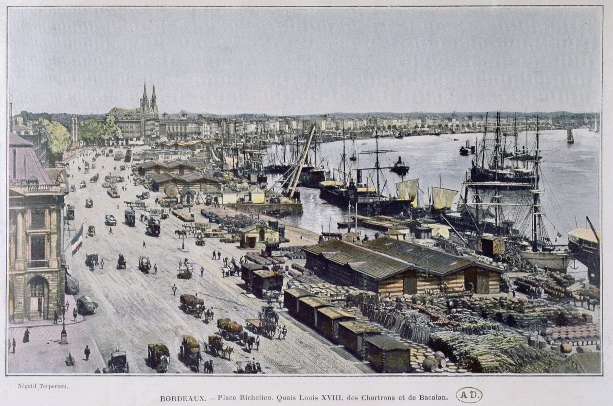 Udsigt over Bordeaux havn med Place Richelieu og Quais Louis XVIII, des Chartrons und de Bacalan, slutningen af det nittende århundrede (farvet foto) af French Photographer