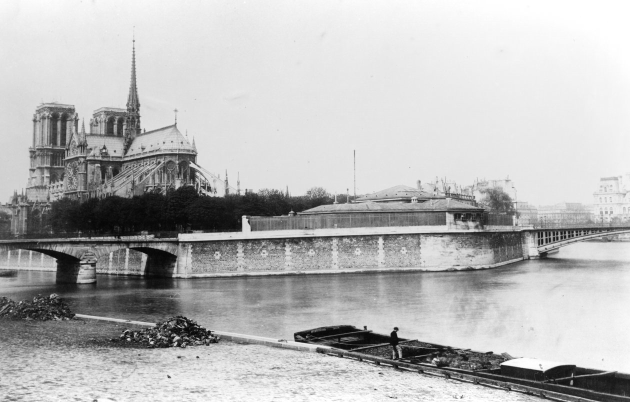 Udsigt over Notre-Dame-katedralen i Paris, Quai de la Tournelle og Seine-floden, ca.1900 af French Photographer