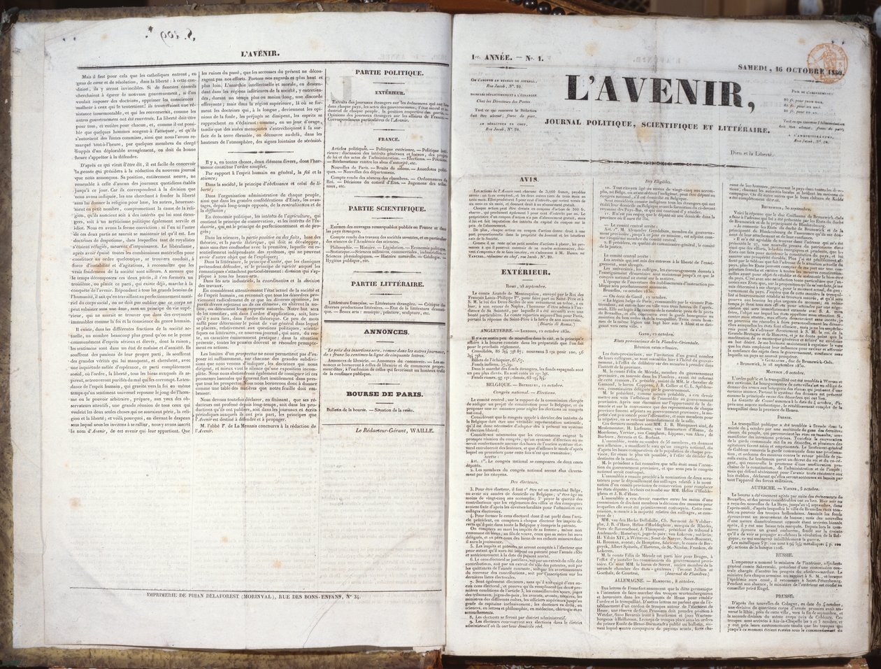 1. udgave af Journal LAvenir, 16. november, 1830 (trykt papir) af French School