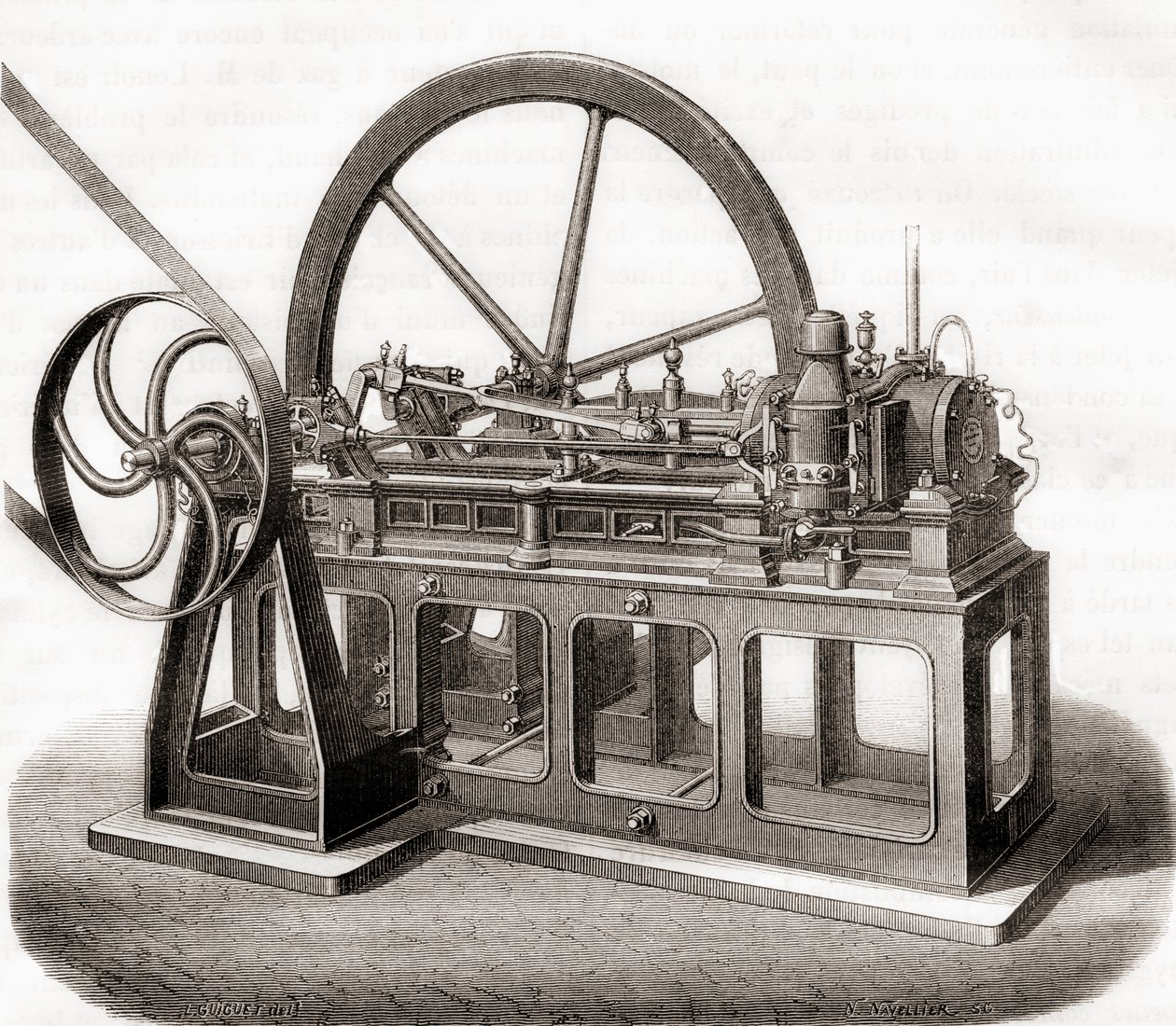 En gasdrevet motor fra det 19. århundrede fra Les Merveilles de la Science, udgivet ca. 1870 af French School