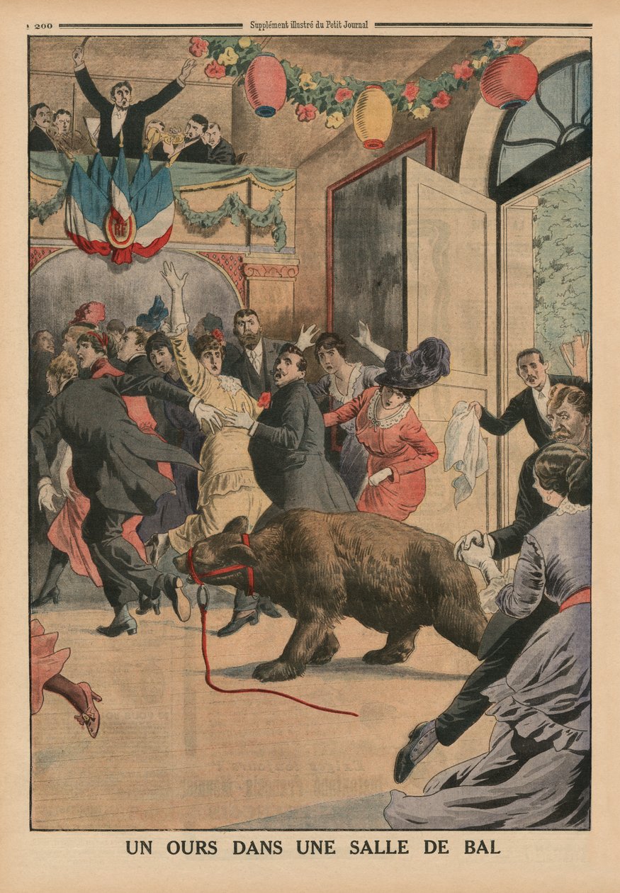 En bjørn i en balsal, illustration på bagsiden af omslaget fra "Le Petit Journal", supplement illustre, 21. juni 1914 af French School