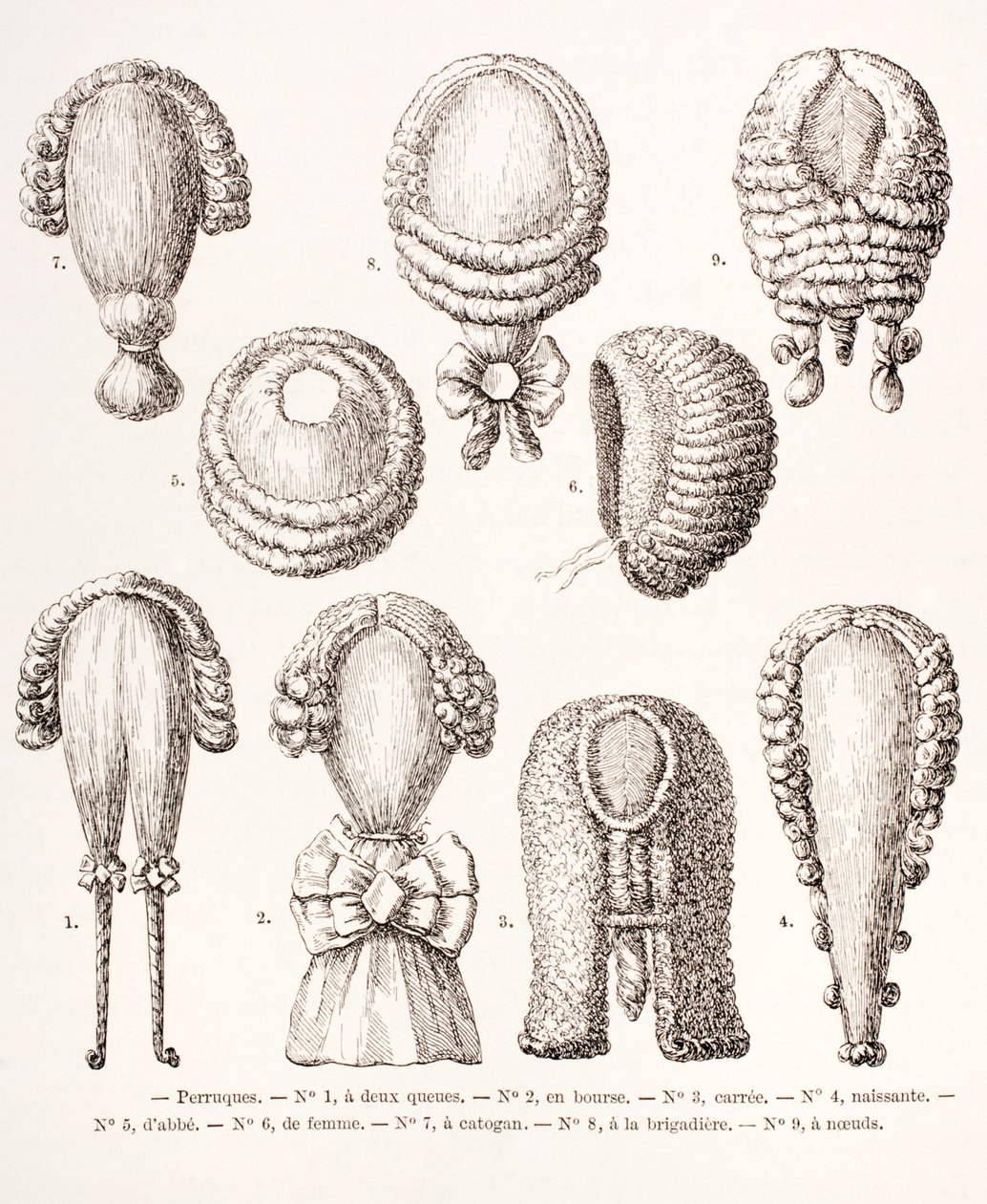 En samling af mænds og kvinders parykker fra det 18. århundrede, 1875 af French School