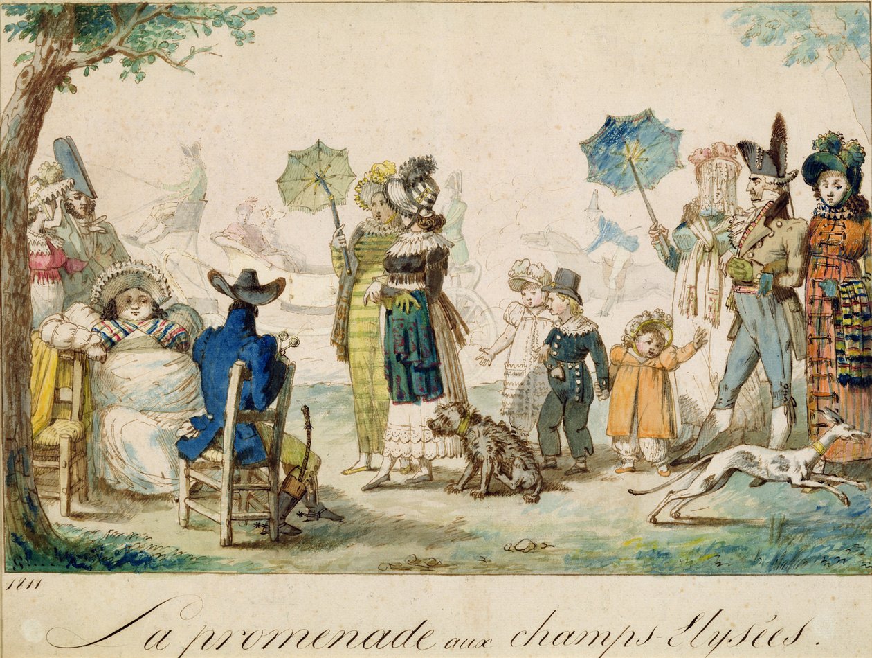 A Walk in the Champ Elysees, 1811 (pen og blæk og wc på papir) af French School