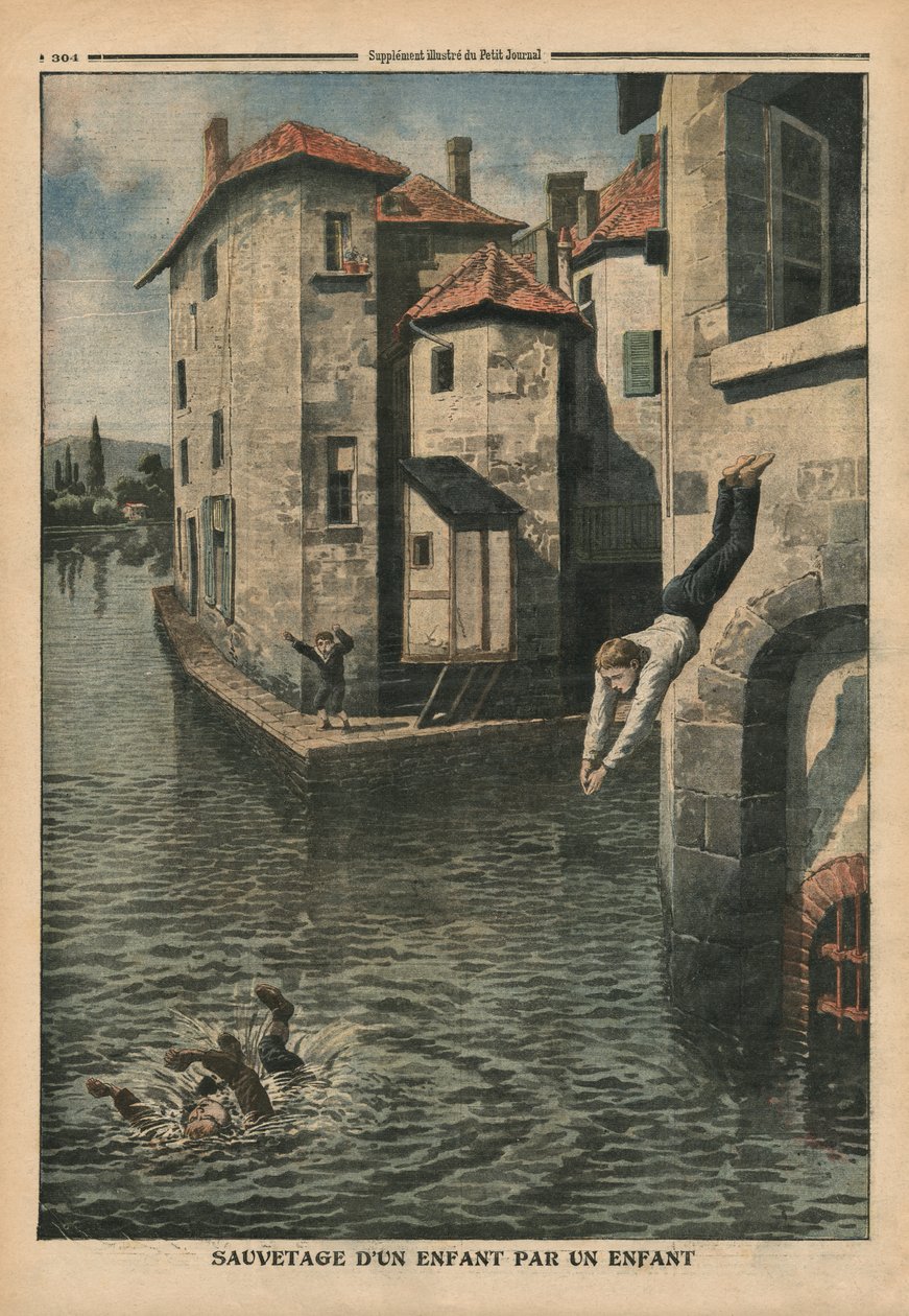 Et barn, der redder et andet barn, illustration fra 