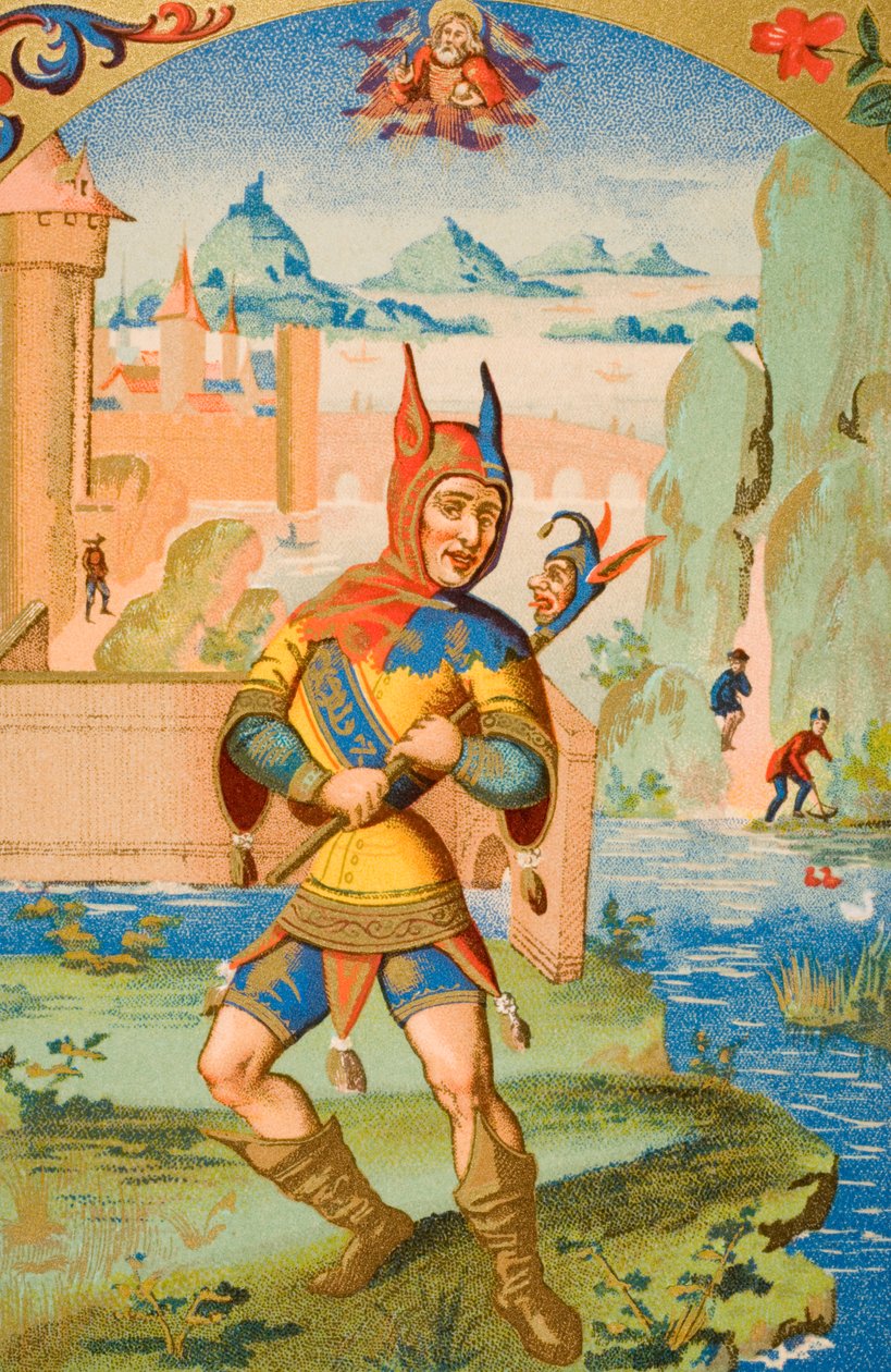 En hofnarre, gengivelse af en miniature fra et manuskript fra det 15. århundrede, fra 