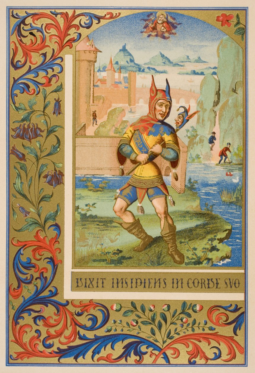 En hofnarre, gengivelse af en miniature fra et manuskript fra det 15. århundrede, fra 