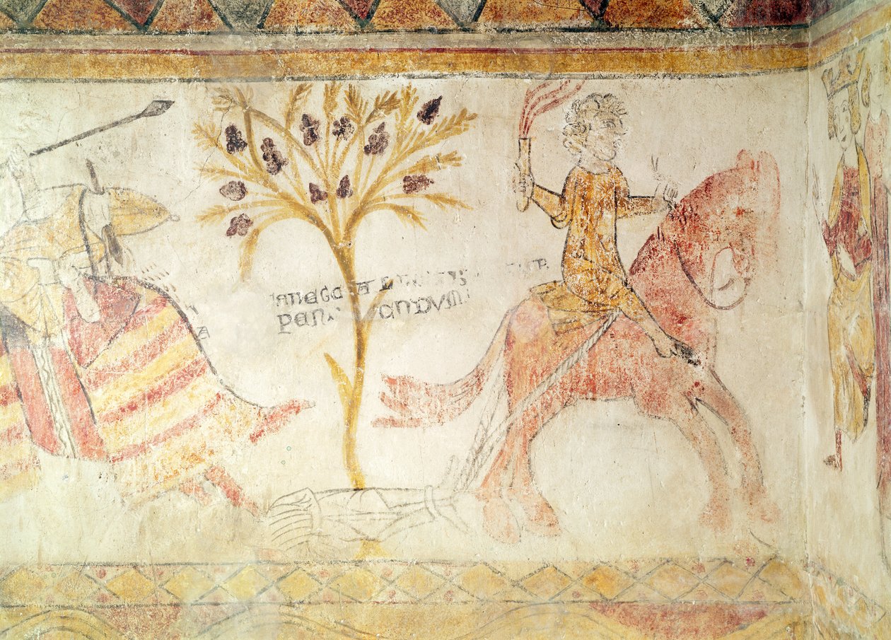 En ridder, der bærer en flammende fakkel og slæber liget af kong Manfred (ca. 1232-66) på Sicilien, 28. februar 1266 af French School